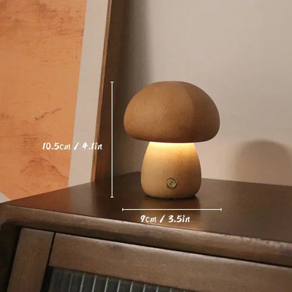 Wooden mushroom lamp on a surface with measurements indicated