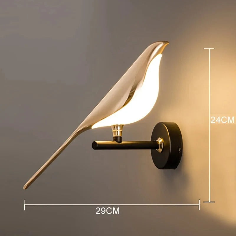 Bird-shaped wall lamp with dimensions indicated on a dark background