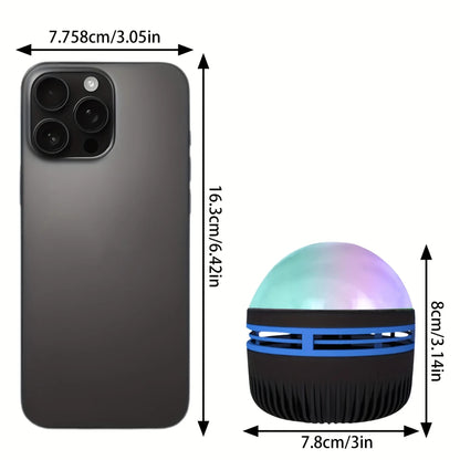 Measurement chart comparing a smartphone and a small electronic device with a colorful light display.