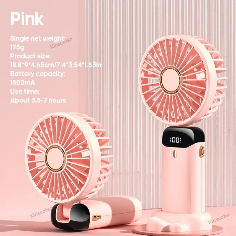 Pink portable fan with specifications on a pink background