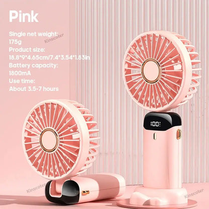 Pink portable fan with specifications on a pink background