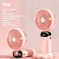 Pink portable fan with specifications on a pink background