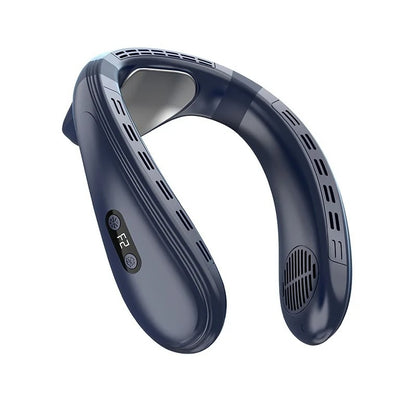 Navy blue neckband with control buttons on a white background