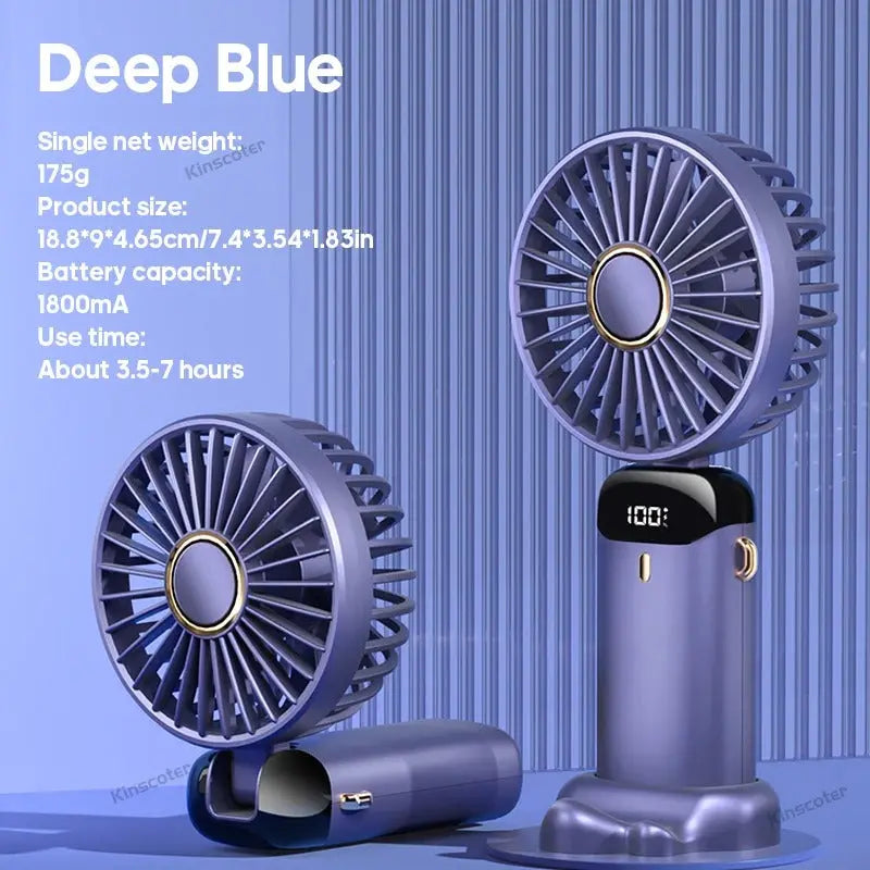 Portable fan with digital display on a blue background