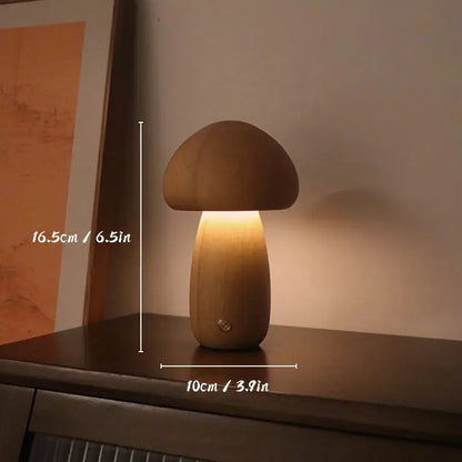 Wooden mushroom lamp on a surface with dimensions indicated